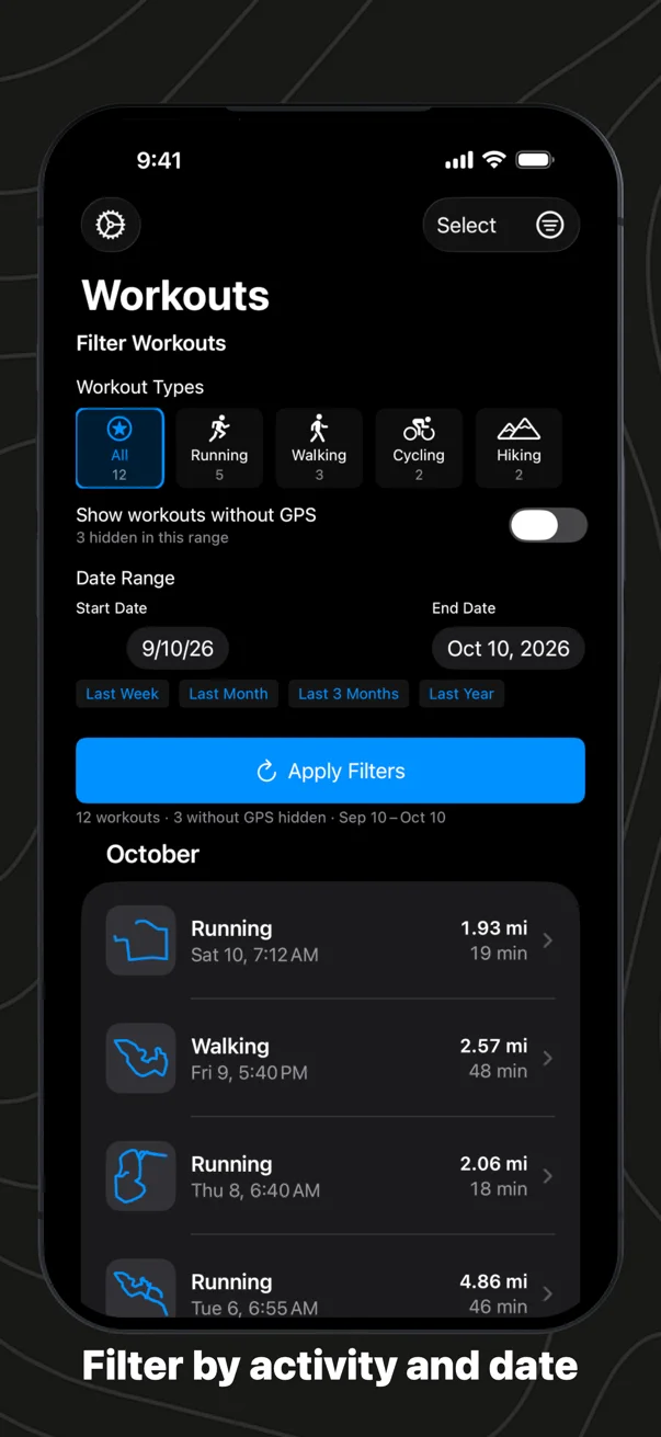 Filter by activity and date: activity types with counts, a switch for workouts without GPS and a date range with presets