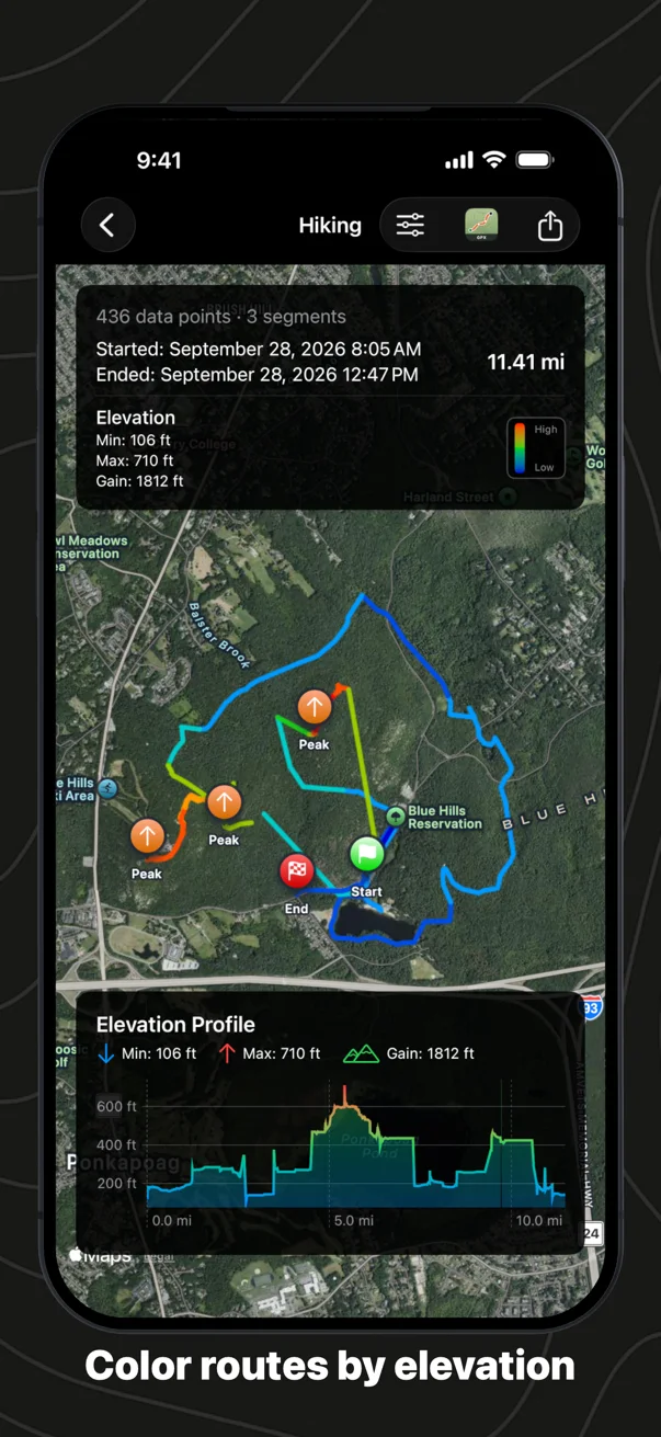 Color routes by elevation: a hike on the satellite map, colored from low to high