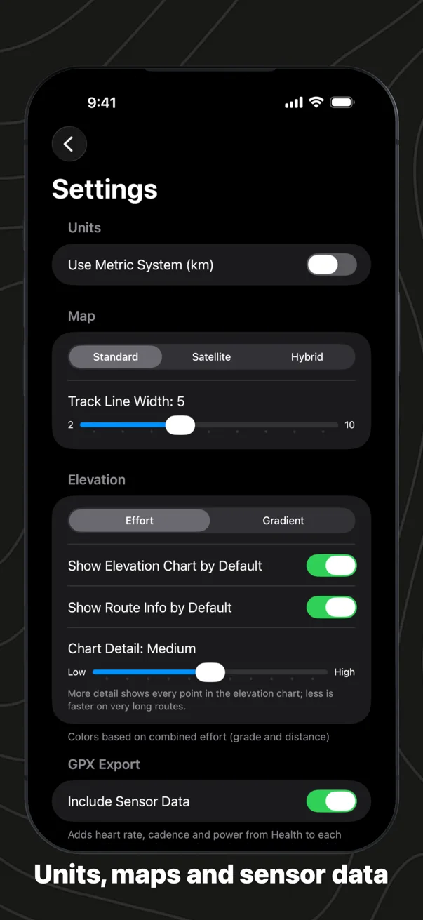 Units, maps and sensor data: Settings with metric or imperial, the map style, line width, route coloring and sensor data in exports