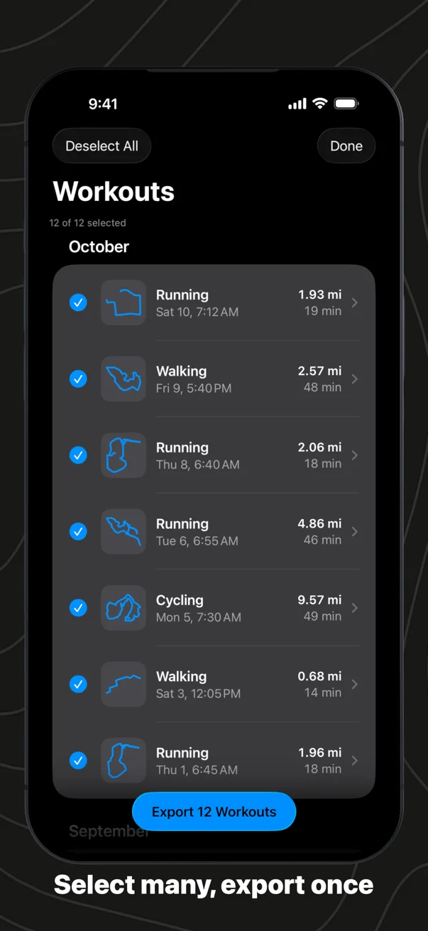 Select many, export once: twelve workouts ticked and an Export 12 Workouts button