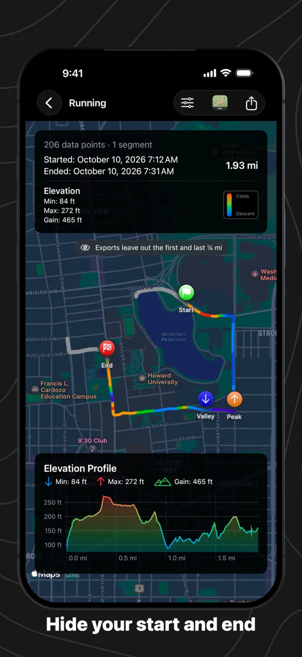 Hide your start and end: a run on the map with its first and last stretch drawn in gray, left out of exports