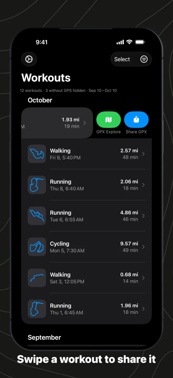 Swipe a workout to share it: a run swiped aside in the list, with GPX Explore and Share GPX buttons