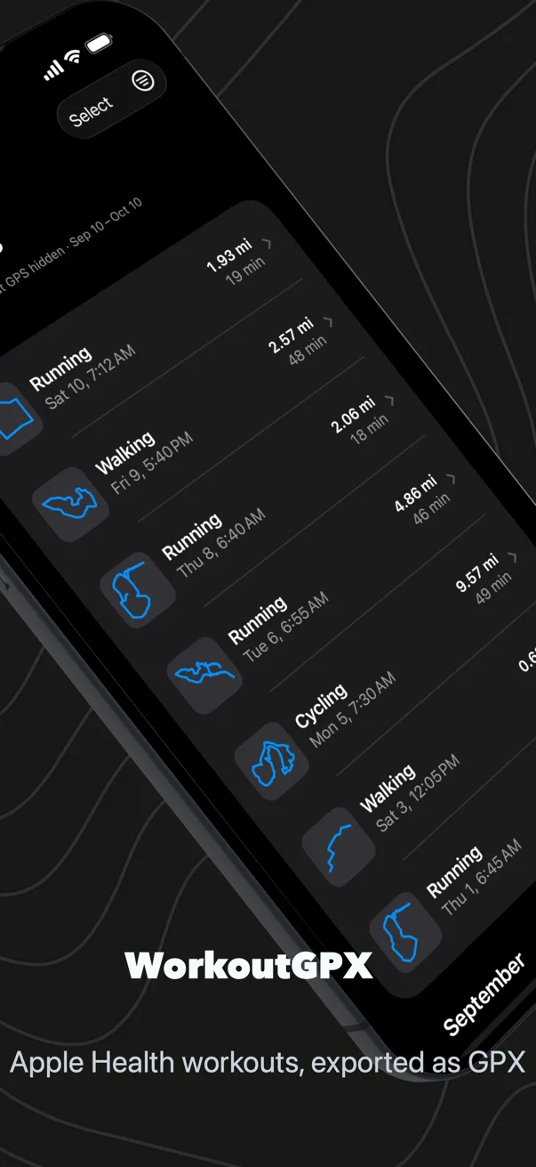 WorkoutGPX, Apple Health workouts exported as GPX: the Workouts list on an iPhone, each run, walk and ride with the outline of its route