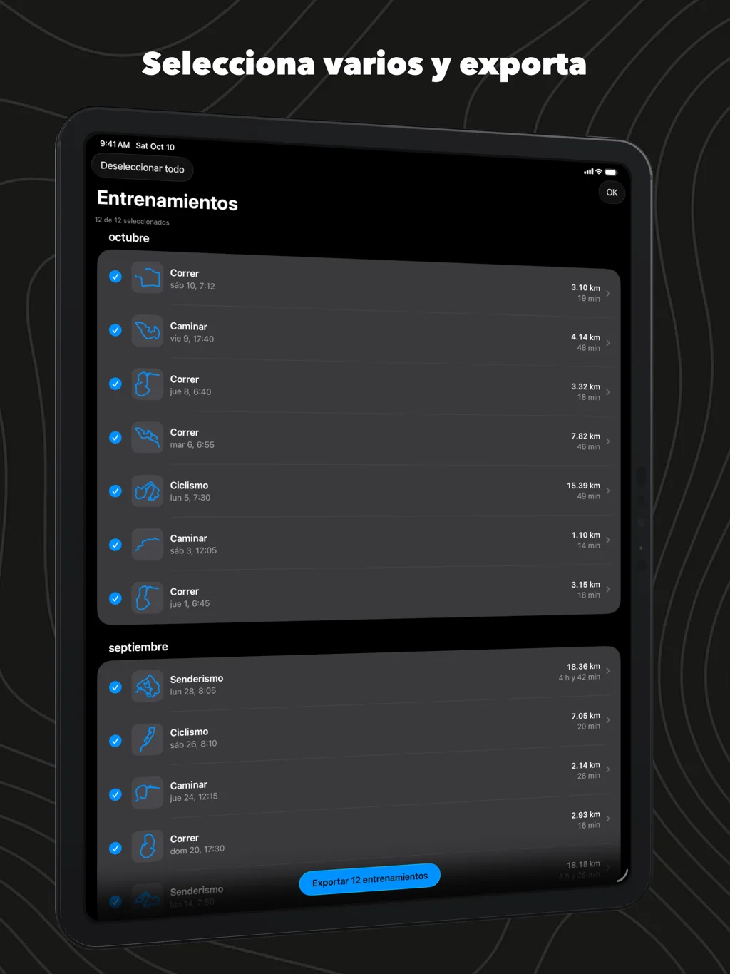 WorkoutGPX en el iPad: todos los entrenamientos marcados, listos para exportar de una vez