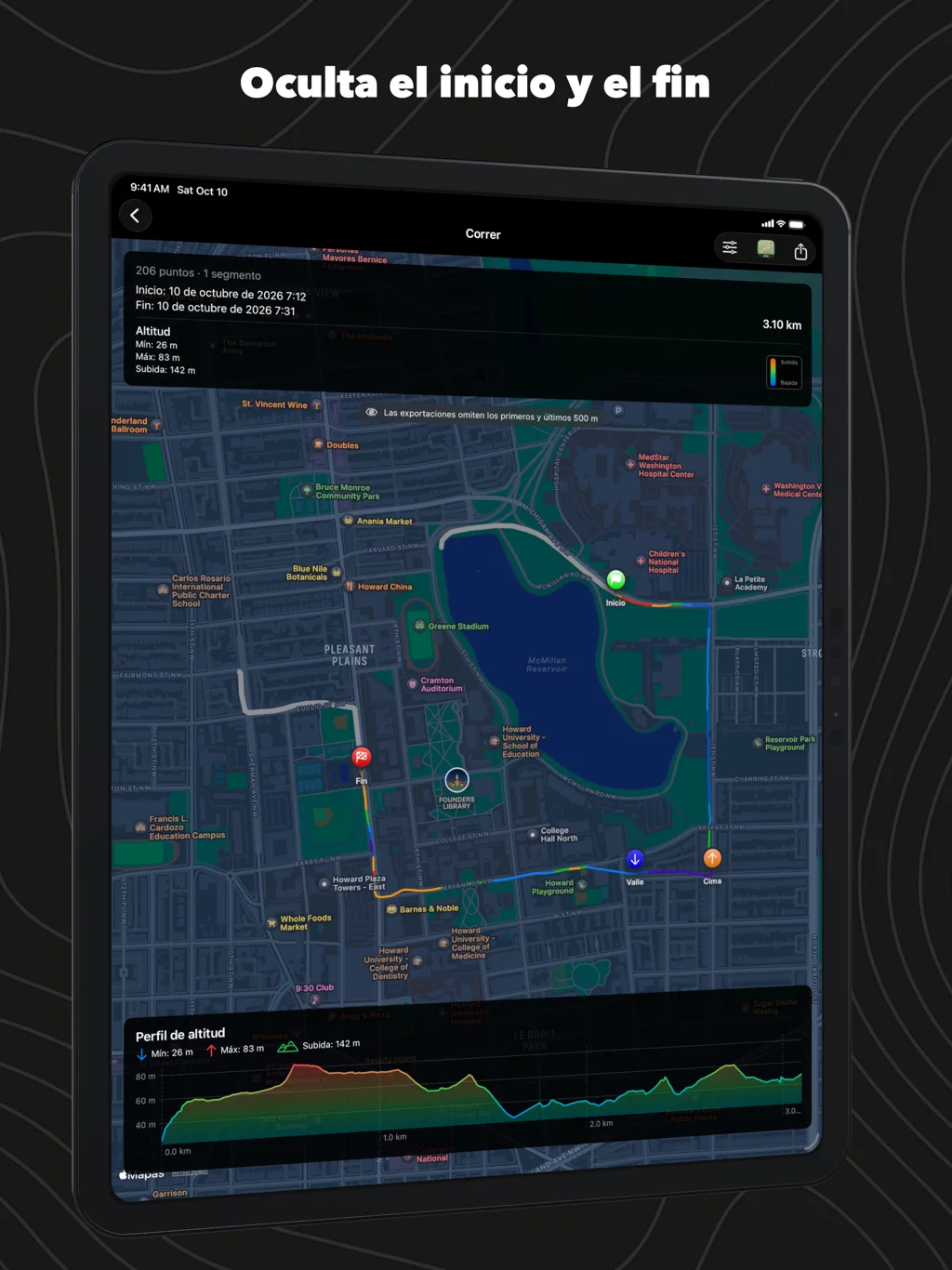 WorkoutGPX en el iPad: una carrera con el primer y el último tramo en gris, fuera de las exportaciones