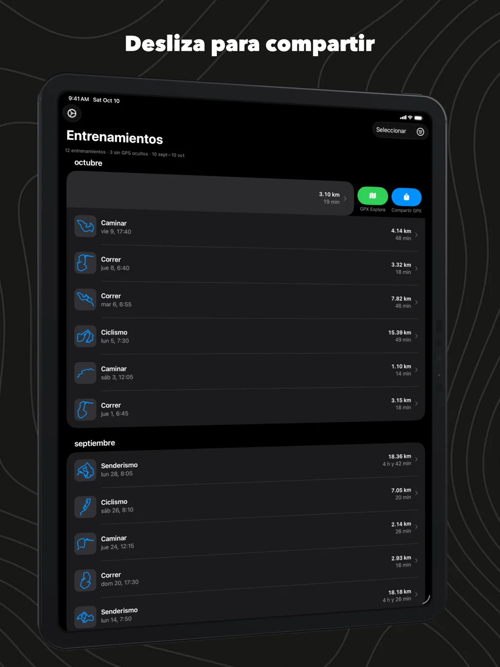 WorkoutGPX en el iPad: un entrenamiento deslizado, con los botones GPX Explore y Compartir GPX