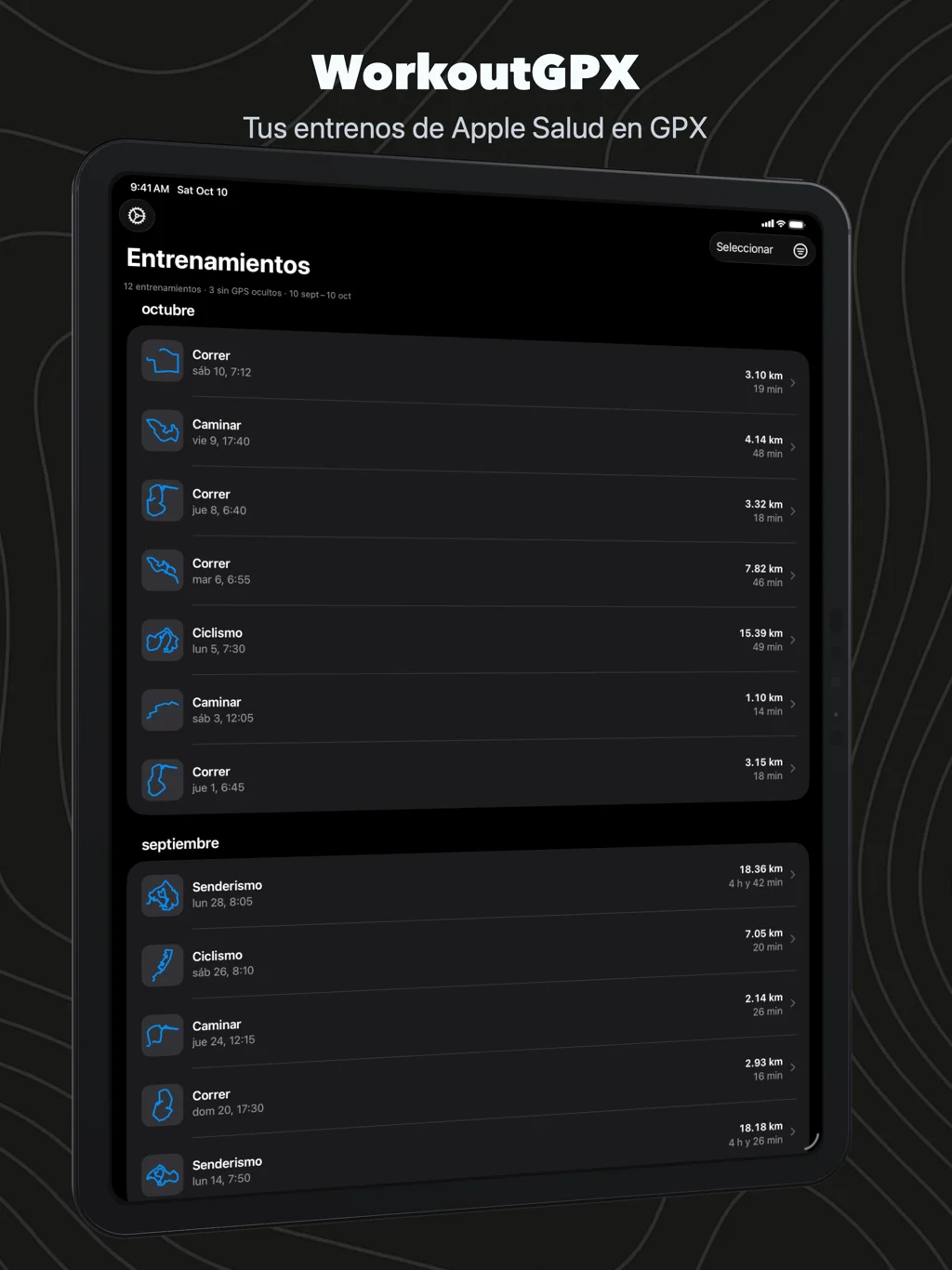 WorkoutGPX en el iPad: la lista de entrenamientos por meses, cada uno con la forma de su ruta
