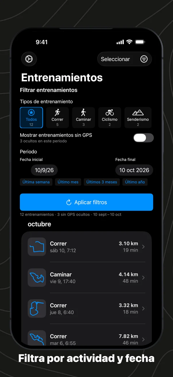 Filtra por actividad y fecha: tipos de entrenamiento con su recuento, un interruptor para los que no tienen GPS y un periodo con accesos rápidos