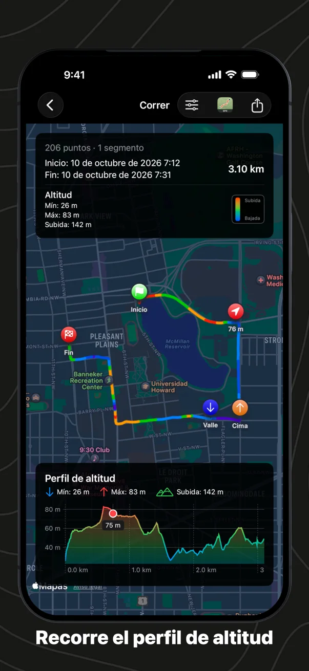 Recorre el perfil de altitud: el marcador en el perfil de una carrera, seguido en el mapa