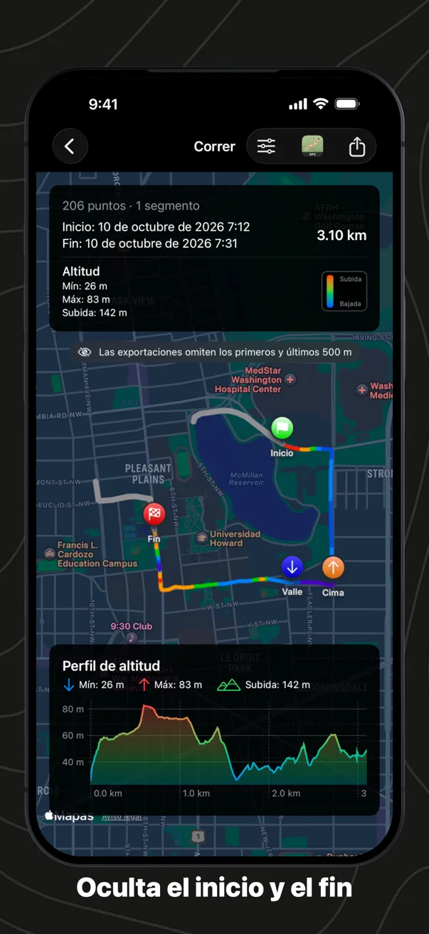 Oculta el inicio y el fin: una carrera en el mapa con el primer y el último tramo en gris, fuera de las exportaciones