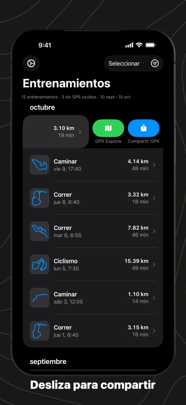 Desliza para compartir: una carrera deslizada en la lista, con los botones GPX Explore y Compartir GPX