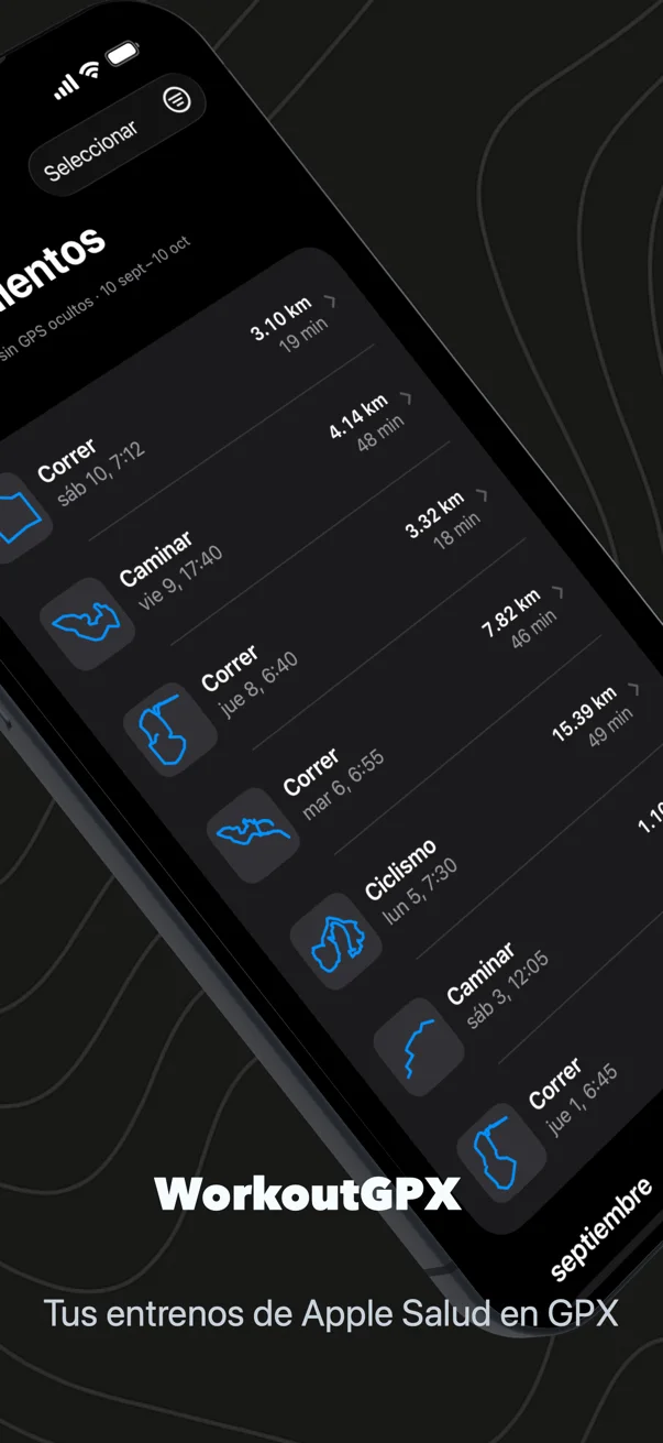 WorkoutGPX, tus entrenos de Apple Salud en GPX: la lista de entrenamientos en un iPhone, cada uno con la forma de su ruta