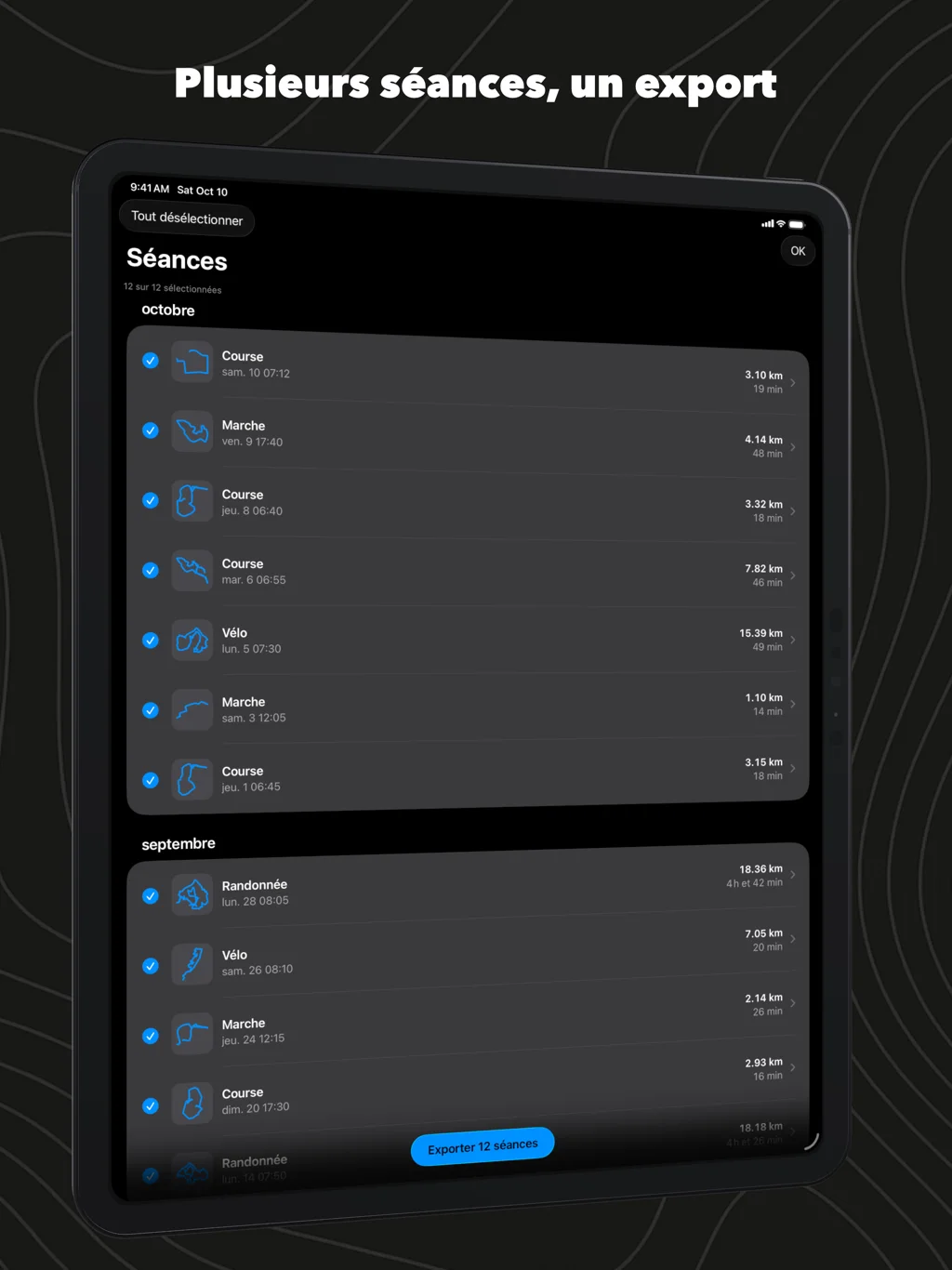 WorkoutGPX sur iPad : toutes les séances cochées, prêtes à exporter d'un coup