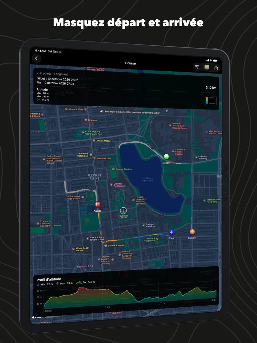 WorkoutGPX sur iPad : une course, le premier et le dernier tronçon en gris, laissés hors des exports
