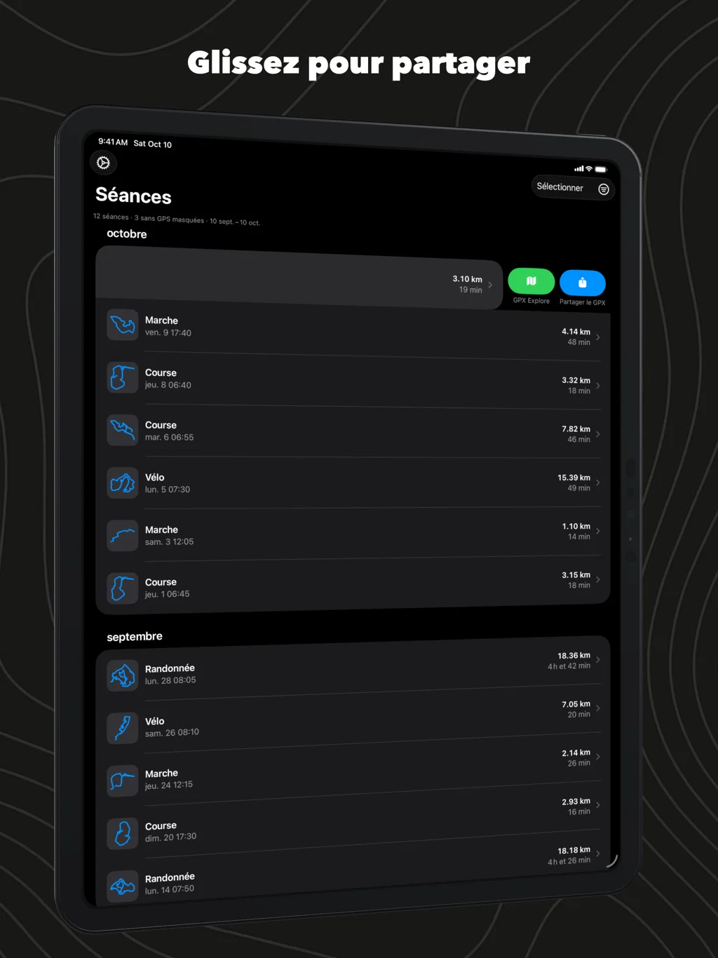 WorkoutGPX sur iPad : une séance balayée, avec les boutons GPX Explore et Partager le GPX