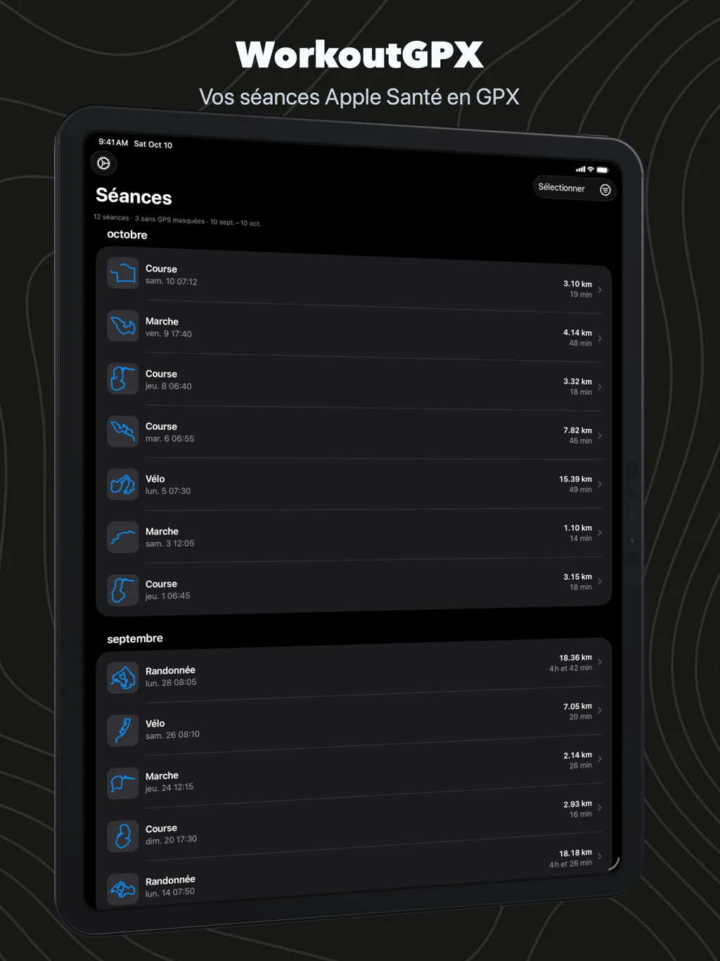 WorkoutGPX sur iPad : la liste des séances par mois, chacune avec la forme de son parcours