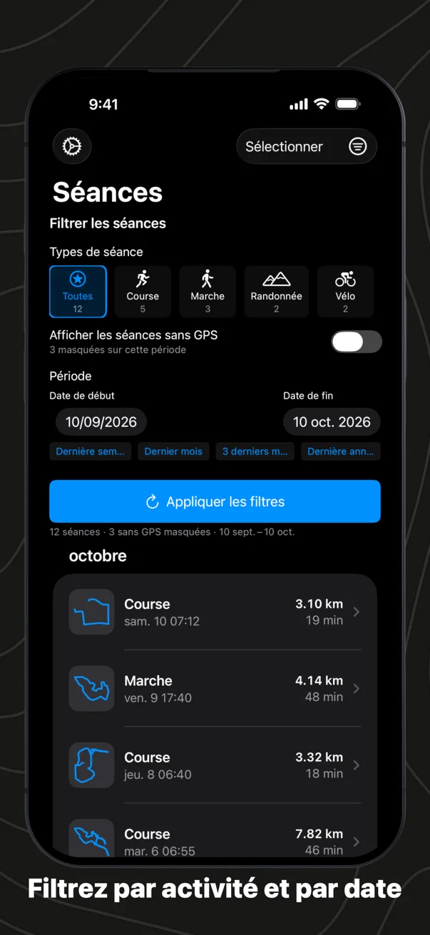 Filtrez par activité et par date : les types de séance avec leur nombre, un interrupteur pour les séances sans GPS et une période avec des raccourcis