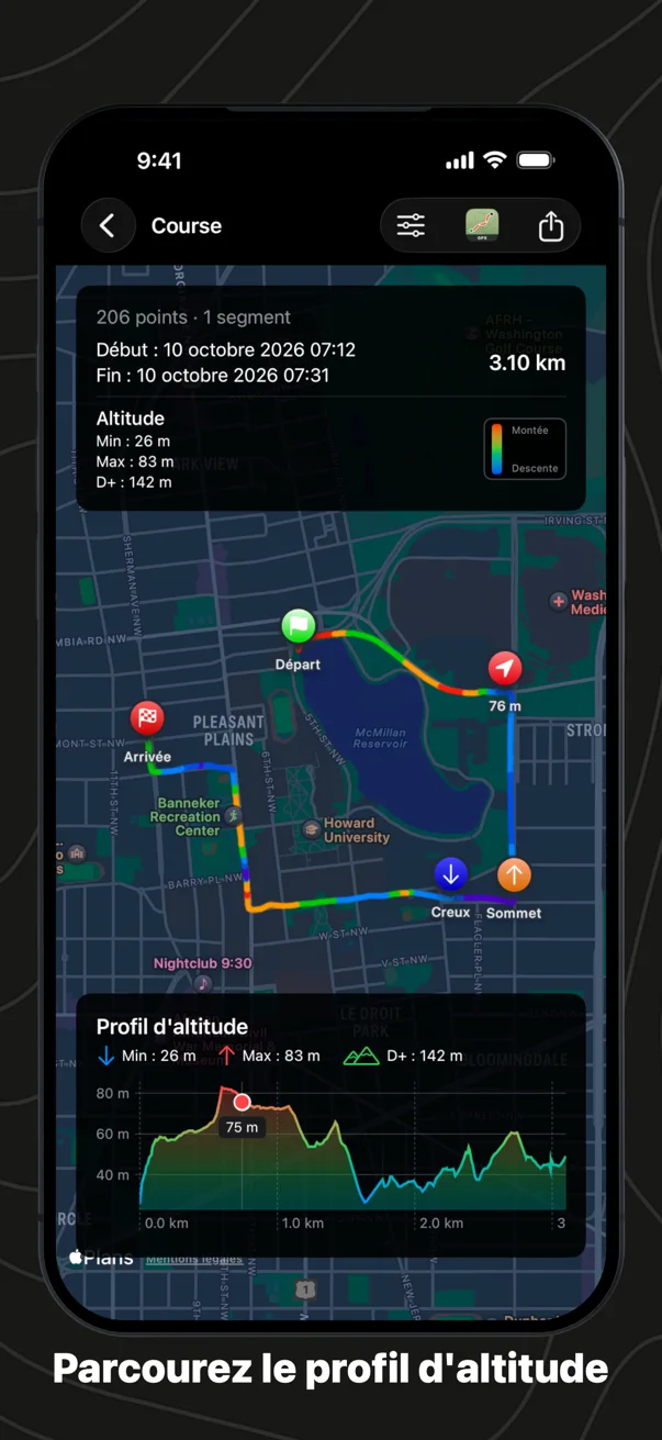 Parcourez le profil d'altitude : le repère sur le profil d'une course, suivi sur la carte