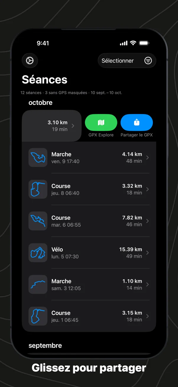 Glissez pour partager : une course balayée dans la liste, avec les boutons GPX Explore et Partager le GPX