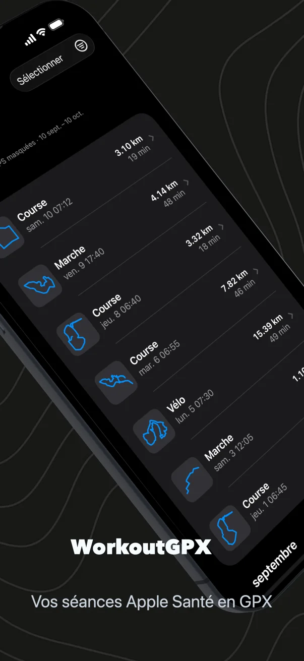 WorkoutGPX, vos séances Apple Santé en GPX : la liste des séances sur un iPhone, chacune avec la forme de son parcours