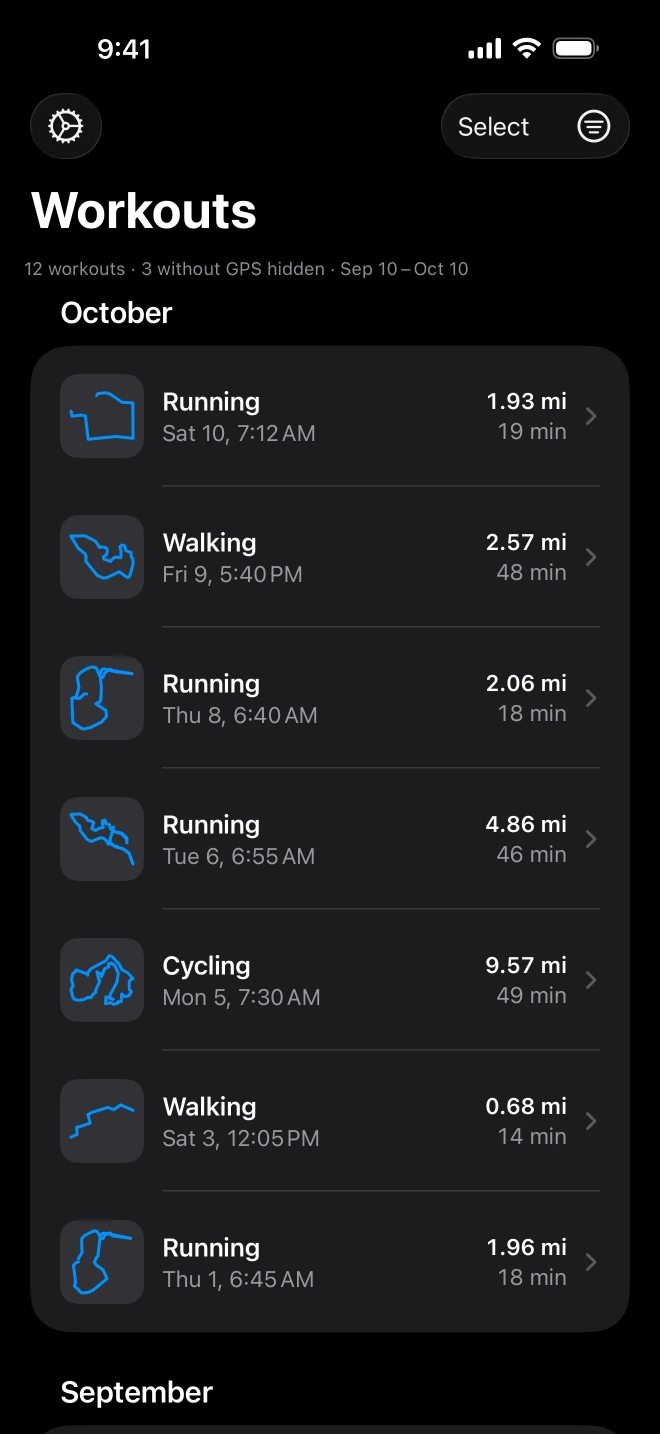 The Workouts list in WorkoutGPX: October's runs, walks and a ride, each row led by the outline of its route, with the distance and the time in minutes
