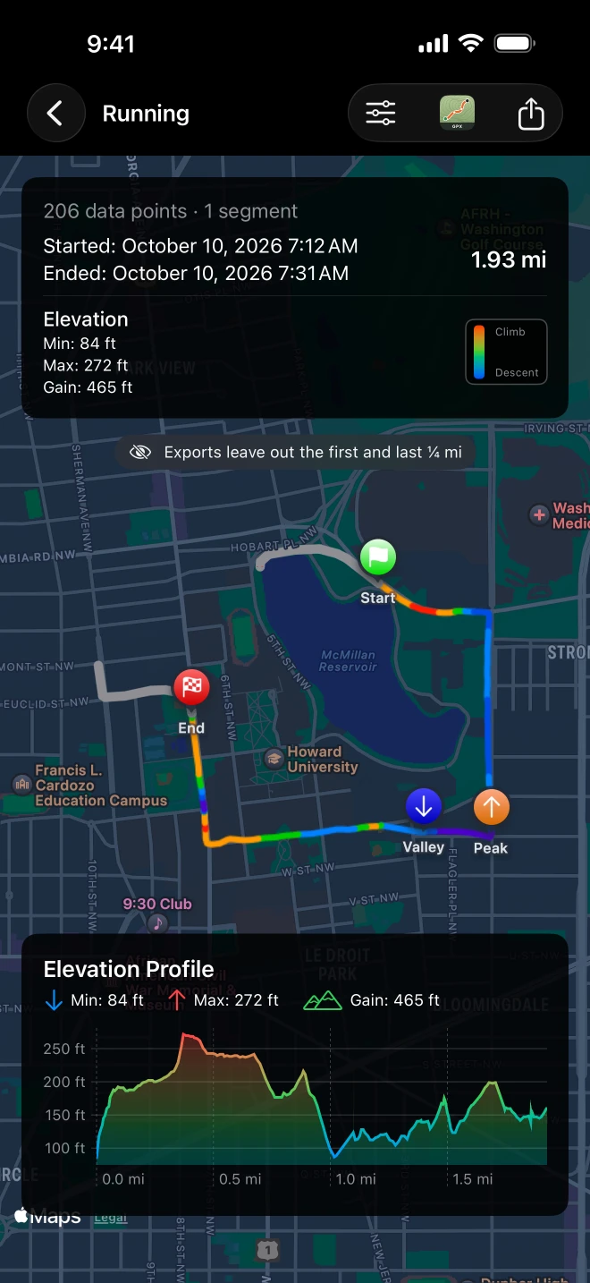 A run on the map in WorkoutGPX with the first and last stretch drawn in gray, under a note that exports leave out the first and last quarter mile
