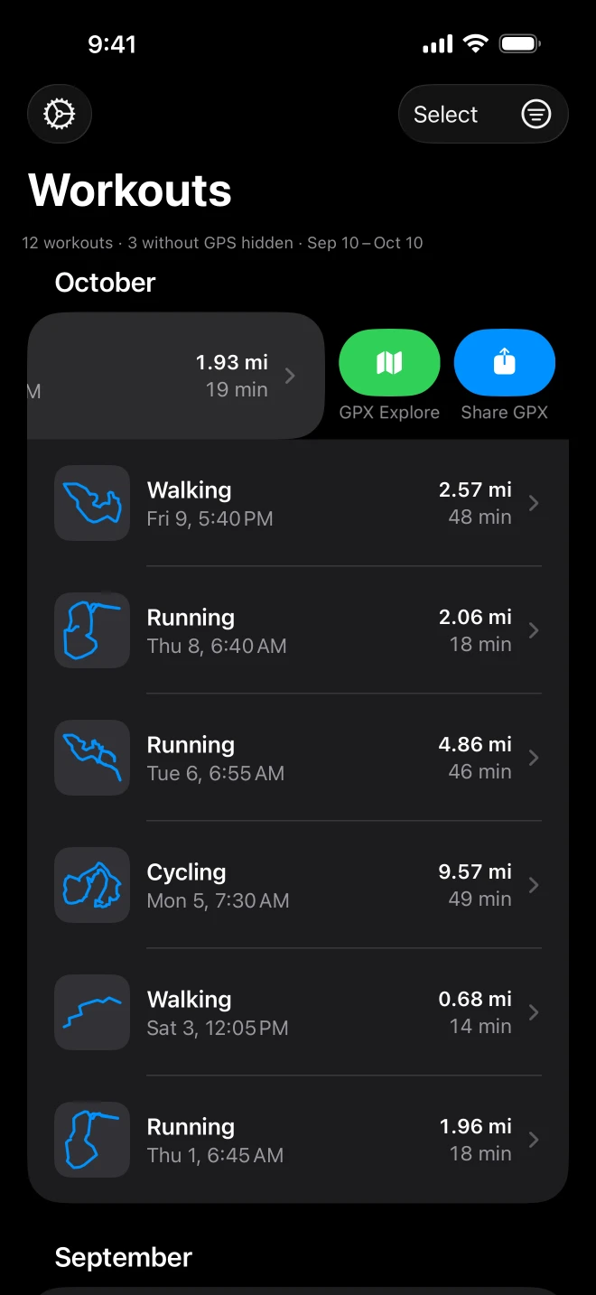 A run swiped aside in the list, showing a green GPX Explore button and a blue Share GPX button